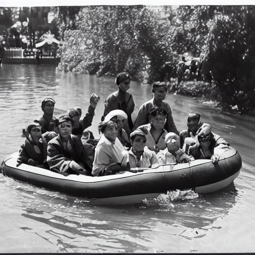 A group of refugees on a raft at disneyland, War Photography