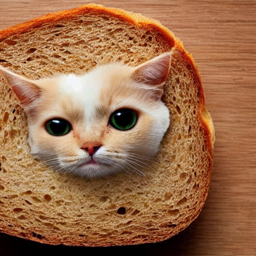 a cute cat sticking its face through a slice of bread