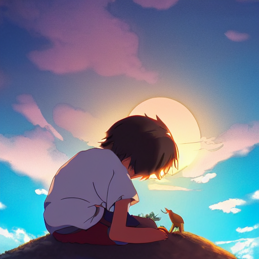 Teenager boy and small creature, sunset sky, made by Studio Ghibli, accent lighting, front lit, highly detailed art, beautiful scene, sharp focus, smooth, 8k, anime art