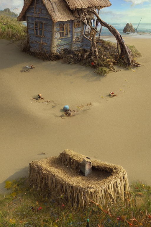 wide angle view, a beautiful digital painting of a fairy house made of sand and driftwood on a beach coastline, bright sunny tranquil day, tall grass, magical, by greg rutkowski, brian froud, marc simonetti, jean - baptiste monge, symmetry, complementary colors, ink illustration, trending on artstation