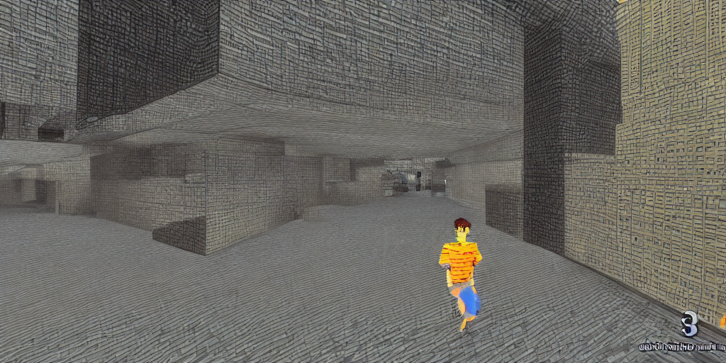 PS1 game, third person, man walking through city, static white noise glitching in the sky