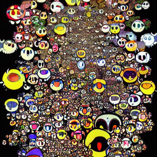 A wide shot of a swarm of demons flying up from the depths of Hell in the style of Takashi Murakami