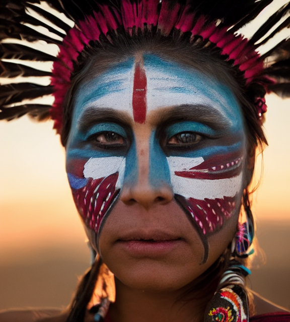 A high-quality photorealistic face-centered portrait of a beautiful young native american navajo woman wearing face paint at sunset, by Steve McCurry and Brian Ingram and Annie Leibovitz, trending on flickr, trending on deviantArt
