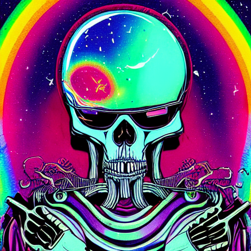 space grim reaper skeleton wearing sun glasses melting, complex wavy rainbow lines, particals and distortion, in the style of Ori Toor