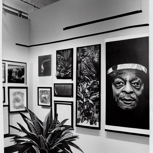 A black and white photography of an exhibition space with works of Sun Ra, Marcel Duchamp and tropical plants, 60s, offset lithography print, newspaper, distant shot