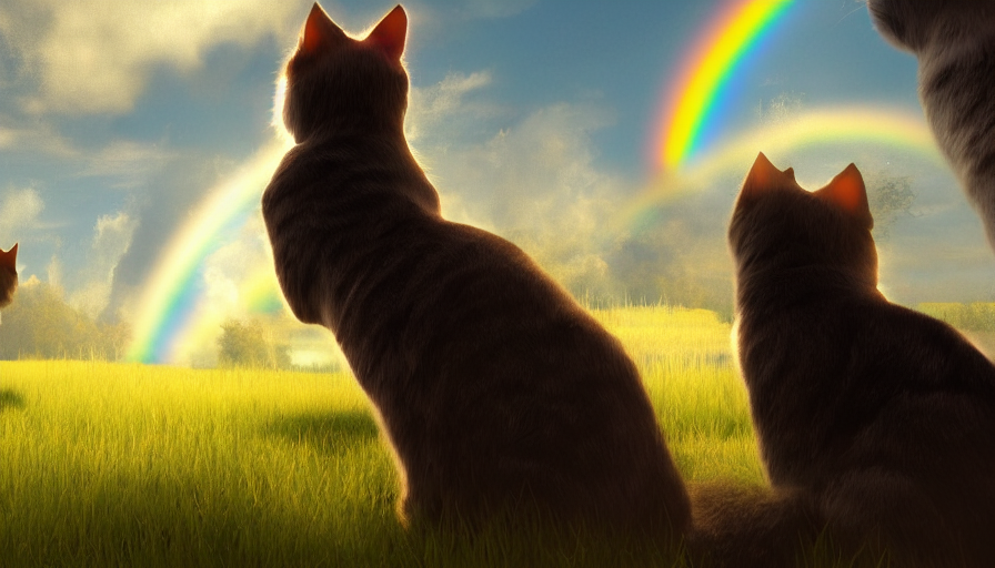 back view of cats looking at rainbow, volumetric light, cloudy sky, hyperdetailed, artstation, cgsociety, 8 k