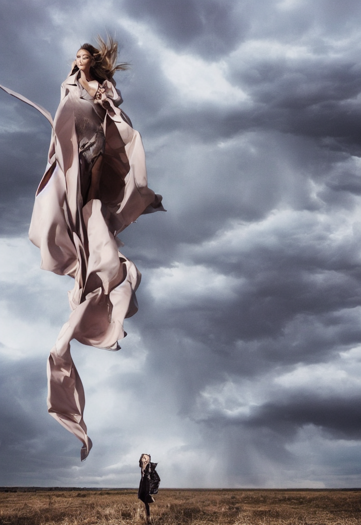fashion editorial in front of a tornado cloud.