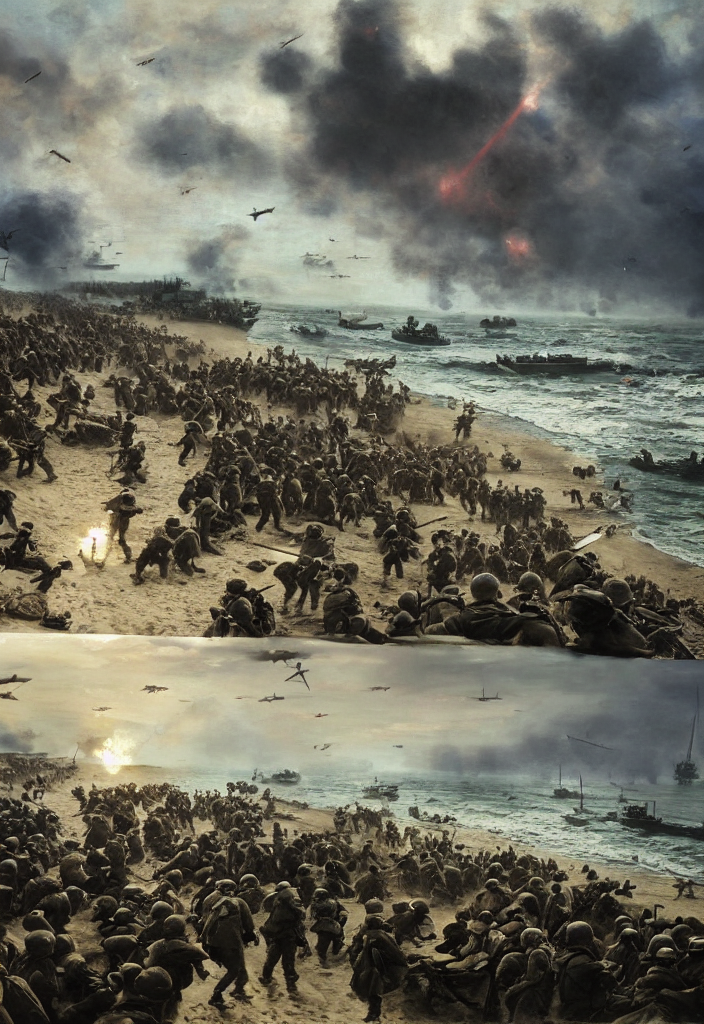 high quality oil painting of The World War II D-Day invasion of Normandy at the beach, by Rembrandt and Raymond Swanland, volumetric and perfect lighting, 4k, 8k, HD