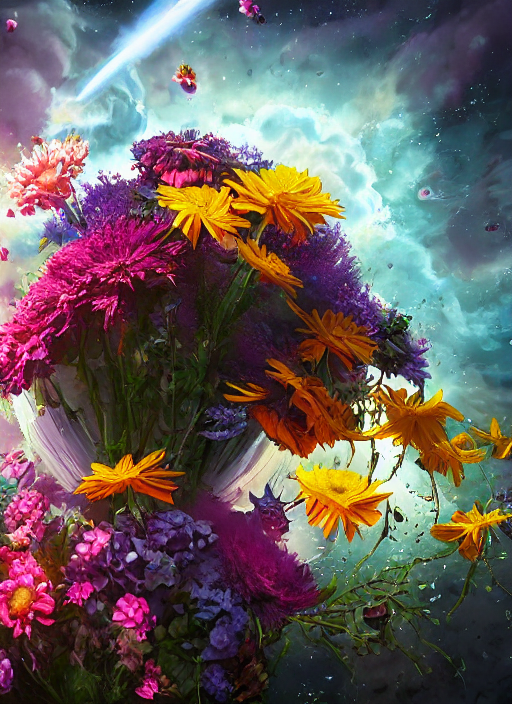 An epic fantastic realism comic book style painting of the most beautiful flowers launched into space, bouquets, fisheye lens, unreal 5, DAZ, hyperrealistic, light burst, octane render, dynamic lighting