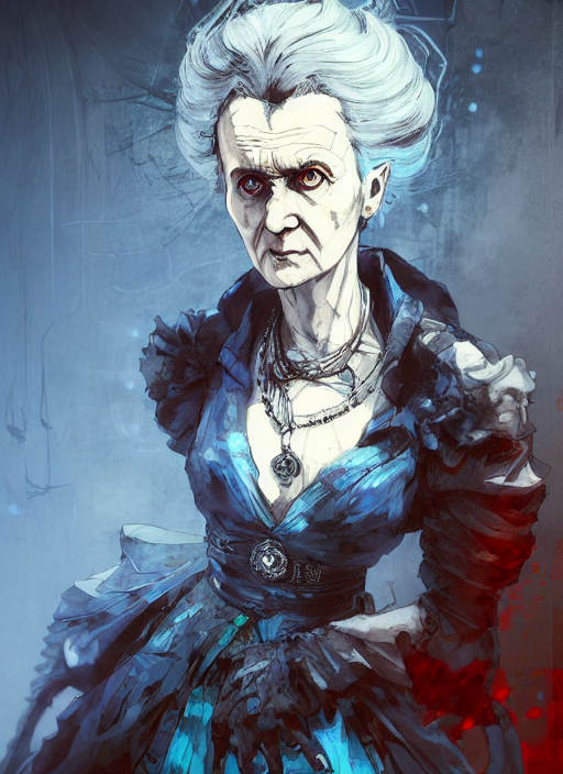 half body portrait of a marie curie in an elaborate cracked mask and ornate pale blue dress, gray hair, red eyes. in style of yoji shinkawa and hyung - tae kim, trending on artstation, dark fantasy, great composition, concept art, highly detailed, dynamic pose, vibrant colours.