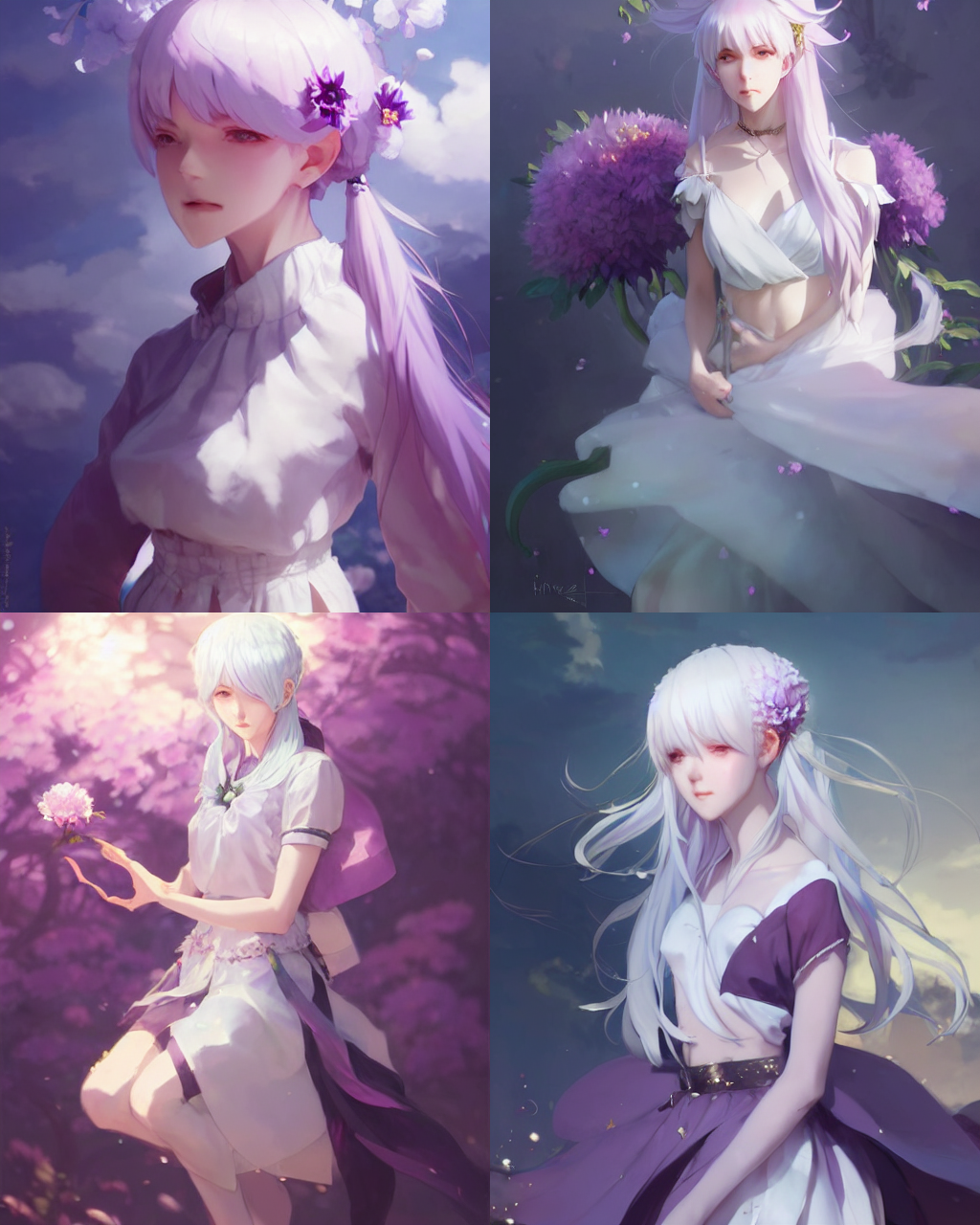 a girl with white hair and purple skirt, flower decoration on the background, a beautiful half body illustration, top lighting, perfect shadow, soft painting, art by hidari and krenz cushart and wenjun lin