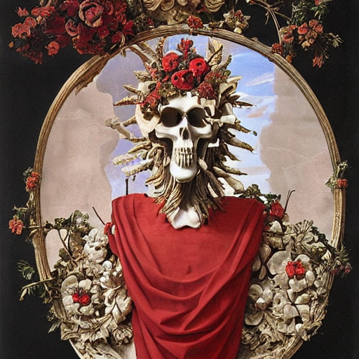a man in the form of a Greek sculpture with a mask in the form of a skull and wreath of flowers skulls in hands dressed in a biomechanical dress, red white and gold color scheme, baroque, by Michelangelo, high detail