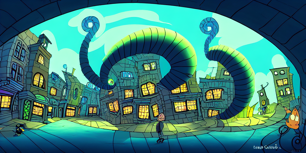 chubby cartoon concept art, spiral, a dark night alley, from lorax movie, black blue green, spiral clouds, sam and max