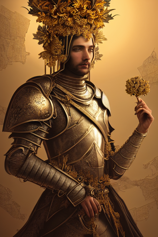hyperdetailed matte illustration of a knight wearing an ornate gold headpiece and holding a flower with a map of the collective subconscious in the background by octane render