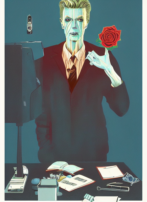 poster artwork by Michael Whelan, Bob Larkin and Tomer Hanuka, Karol Bak of FBI agent David Bowie, sitting at his desk, a single blue rose on the desk, from scene from Twin Peaks, simple illustration, domestic, nostalgic, from scene from Twin Peaks, clean, 1980s book cover illustration