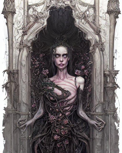 a beautiful detailed front view portrait of a dead rotten princess with baroque ornate growing around, ornamentation, elegant, beautifully soft and dramatic lit, by wayne barlowe, peter mohrbacher, kelly mckernan