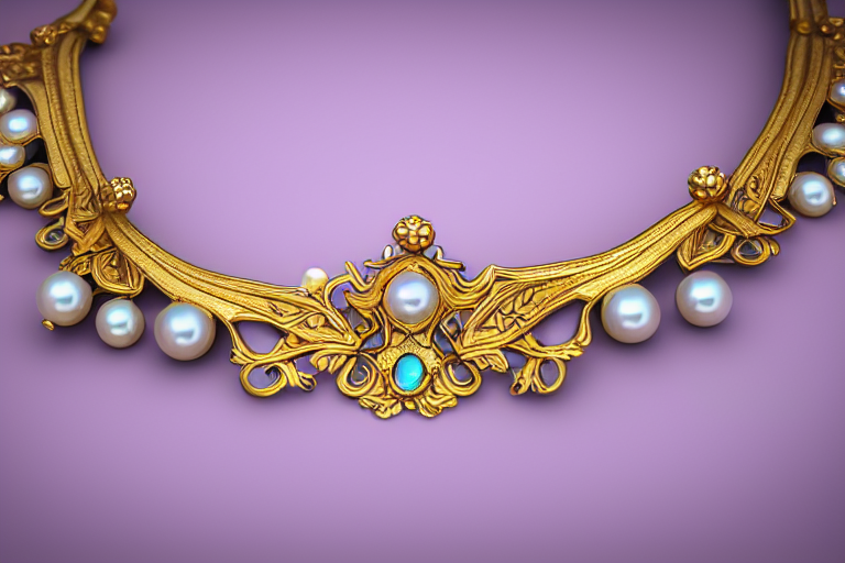 historical, art nouveau, ornate, delicate, pearls and cyan gemstone choker, glowing inside, shiny gold, octane render, realistic, dramatic light, 3 d, photograph 4 k,