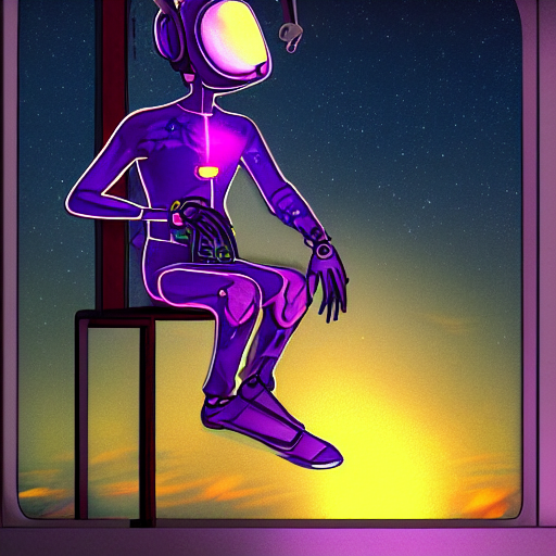 friendly alien avatar computer programmer working late at night sunset outside window headphones terminal artstation purple and gold