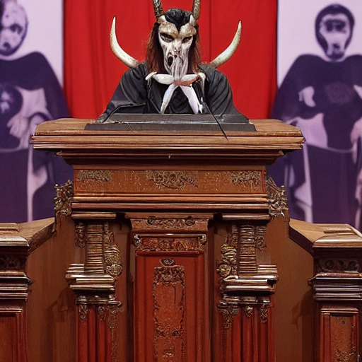 satan with horns in the spanish congress of deputies at the speaker's lectern