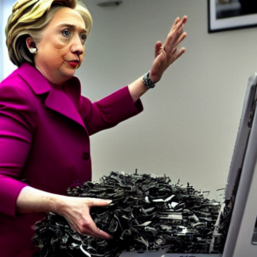 a candid photo of hillary clinton as she desperately tries, unsuccessfully, to shred a large stack of laptops.