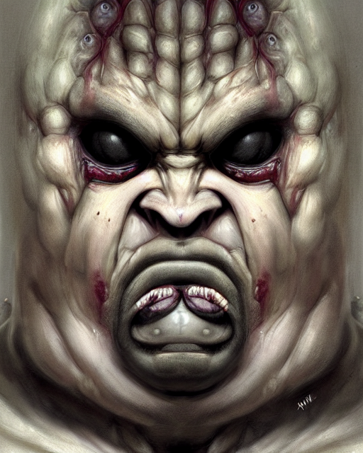 Dark fantasy Painting of a hulking muscular EXTRATERRESTRIAL creature with big bulging eyes, white milky eyes, eyeballs, two heads,  flabby skin, excess skin hanging from cheeks, straw-like beard growing from face, disgusting, creepy, unsettling, horror, upper body, intricate, wild, highly detailed, digital painting, artstation, concept art, smooth, sharp focus, illustration, art by artgerm and greg rutkowski and alphonse mucha