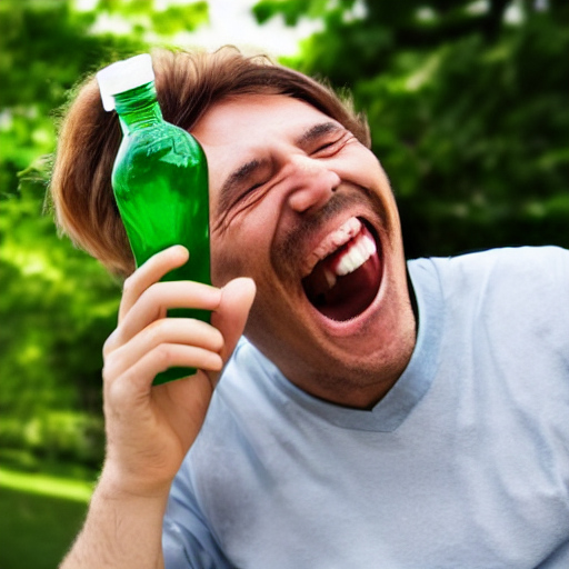 stock photo of a man laughing at a green bottle