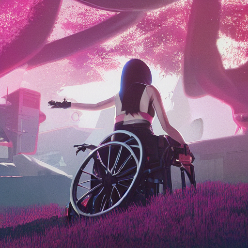 concept art by Neil Blevins, James Paick, Natasha Tan Maciej Kuciara, highly detailed, ultra realistic wheelchair user man holding hand anime girl clearing with pink grass and a river long-range plan cinematic lighting
