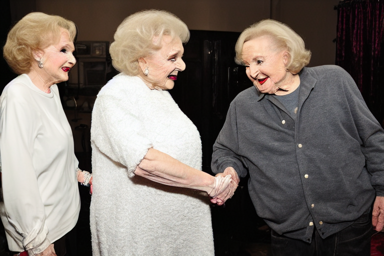 betty white shaking hands with a 6 0 0 pound dwarf in the bathroom