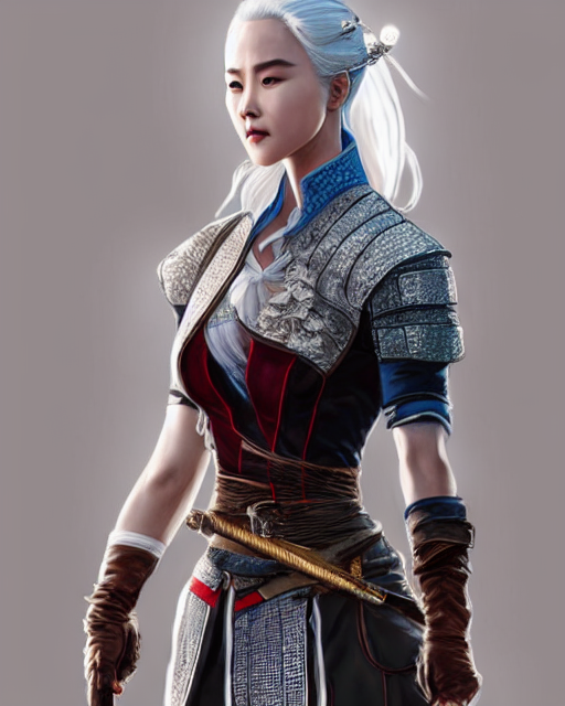 Zhang Ziyi as Ciri from Witcher 3 by Artgerm and Greg Rutkowski, wearing haute couture by schiaparelli, sharp focus, sun rays, intricate, elegant, highly detailed, digital painting, masterpiece.