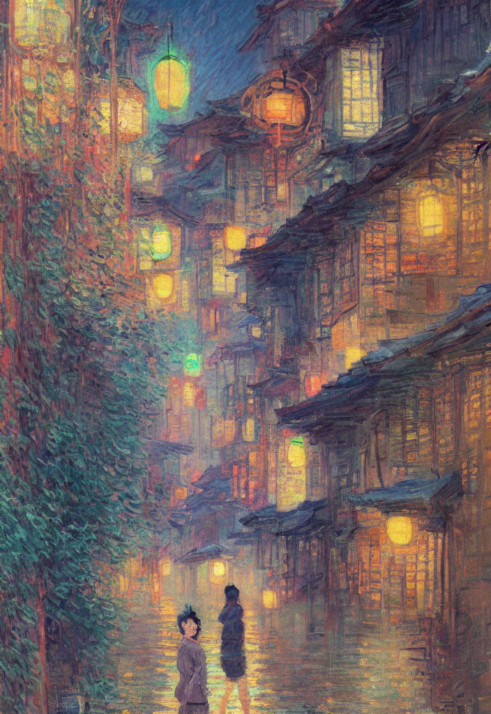 a beautiful japanese city in the mountain, amazing ryokans and gorgeous edo era houses, epic cyberpunk, lofi vibe, colorful, vivide colors, amazing light, really beautiful nature, oil painting in impressionist style, by jeremy lipkin, by claude monet, by makoto shinkai, multiple brush strokes, inspired by ghibli, masterpiece, beautiful