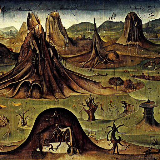 intricate, detailed painting of Caelid landscape and its monsters by Hieronymous Bosch, concept art, illustration