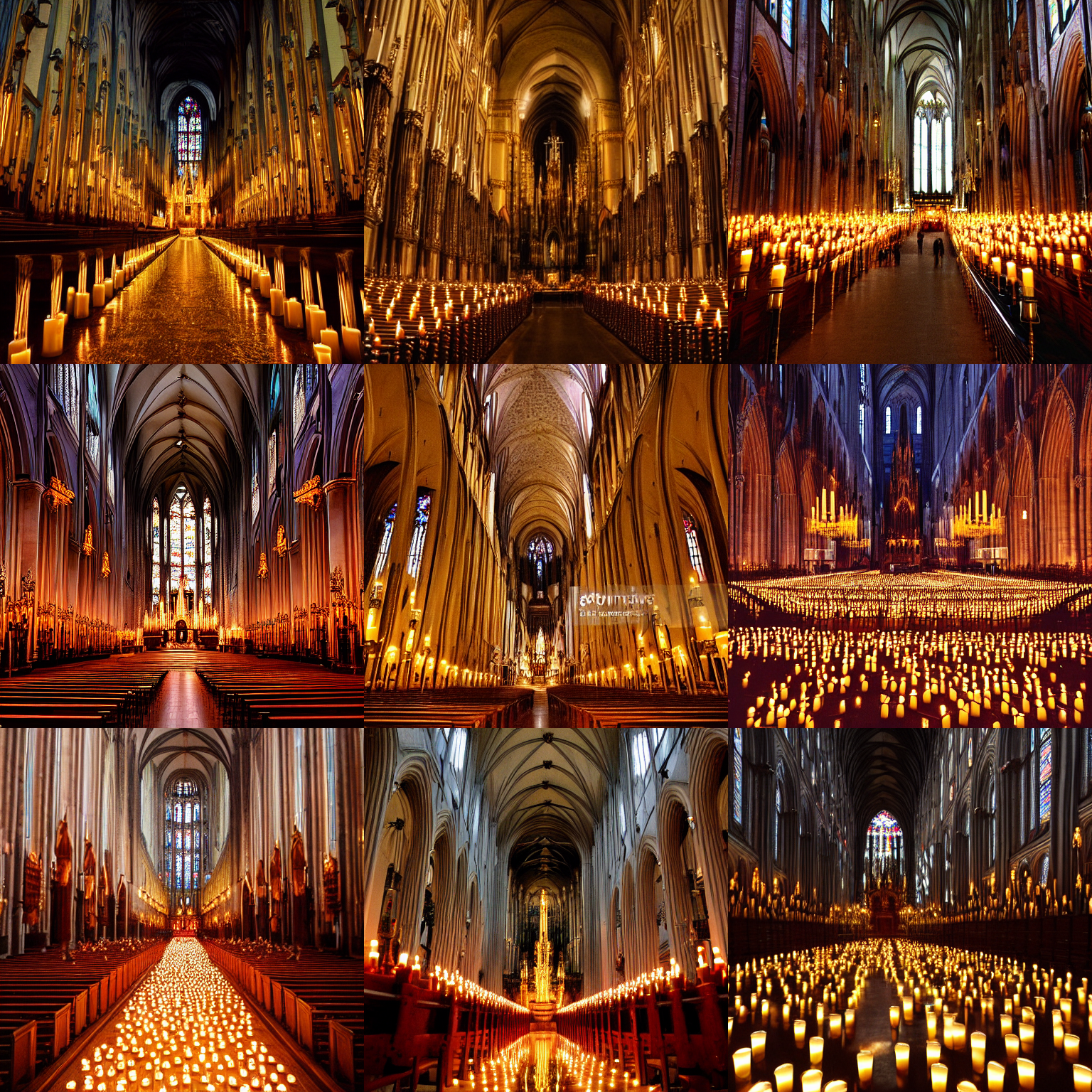 thousands of candles in a german cathedral, at night, candles are the only light source, large format, wide angle, stunning picture, aura film