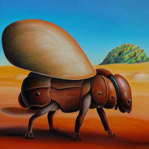 A giant ear walking a shiny beetle in the desert. Oil painting