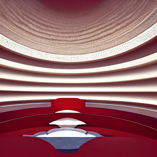 interior of a futuristic lotus temple with gold, red and white marble panels, in the desert, by buckminster fuller and syd mead, intricate contemporary architecture, photo journalism, photography, cinematic, national geographic photoshoot