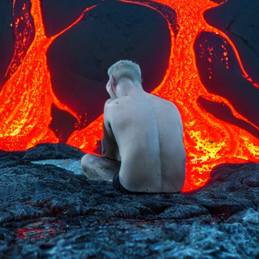 back of a man submerged in flowing lava on a volcano with magma eruptions