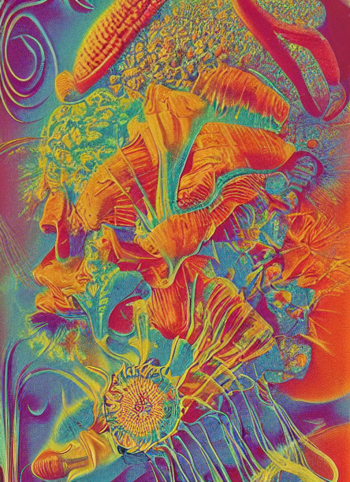 vintage cereal box art, colorful chromatic abberation, double exposure photo from the 7 0 s, all of the world's brain knowledge in one brain, by ernst haeckel, by peter voss,