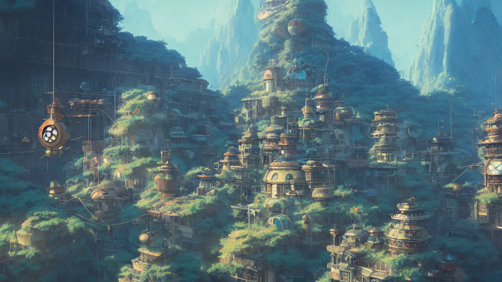 mountain city in a studio ghibli aesthetic, mountain by craig mullins and adam paquette, small steampunk airships, rendered in octane, cinematic, highly detailed