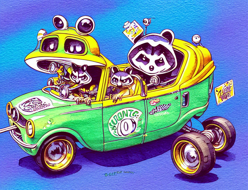 cute and funny, racoon riding in a tiny hot rod with oversized engine, ratfink style by ed roth, centered award winning watercolor pen illustration, isometric illustration by chihiro iwasaki, edited by range murata, tiny details by artgerm and watercolor girl, symmetrically isometrically centered 