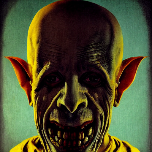 portrait of nosferatu the vampire, long fangs, pale blue skin, yellow eyes, photograph, realistic, volumetric light, creepy, scary, grim mouth, dark background, by marco mazzoni and john atkinson grimshaw