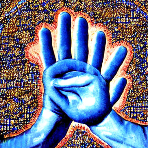 glass mosaic blue hand reaching up towards heaven photorealistic