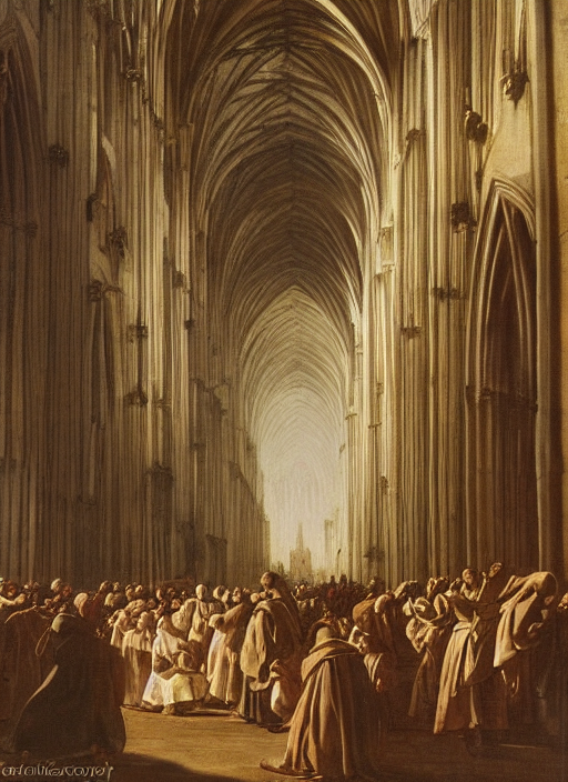 elisabeth louise vigee - le brun painting of large crowd of medieval monks in giant in a gothic cathedral interior raising new magical glowing spirit, at dusk sun lit light, old master painting with stunning lighting and details photoreal dusk sun lit light,
