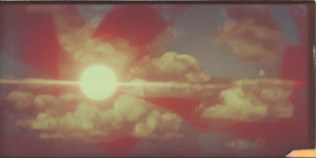 analog polaroid photograph of the moon breaking into pieces , clouds visible, lensflare, film grain, azure sky tones, red color bleed