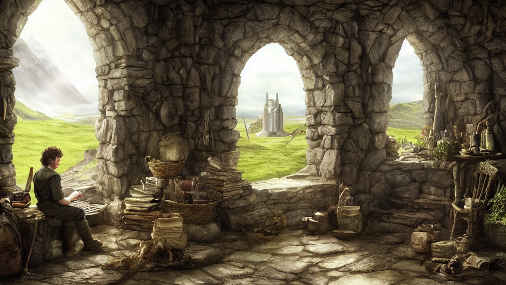 frodo writing in his journal in bag end at the end of his journey, hobbiton visible through a window, by alan lee, michal karcz, smooth details, lord of the rings, game of thrones, smooth, detailed terrain, oil painting, trending artstation, concept art, fantasy matte painting