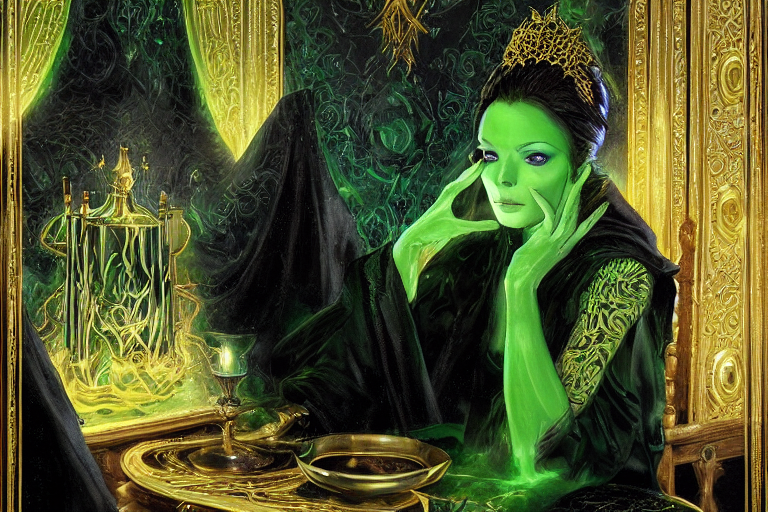 a beautiful sorceress wearing a black robe with gold embroidery, sitting at table, casting a spell, green glows, painted by donato giancola, in the style of magic the gathering, perfect face, highly detailed digital art