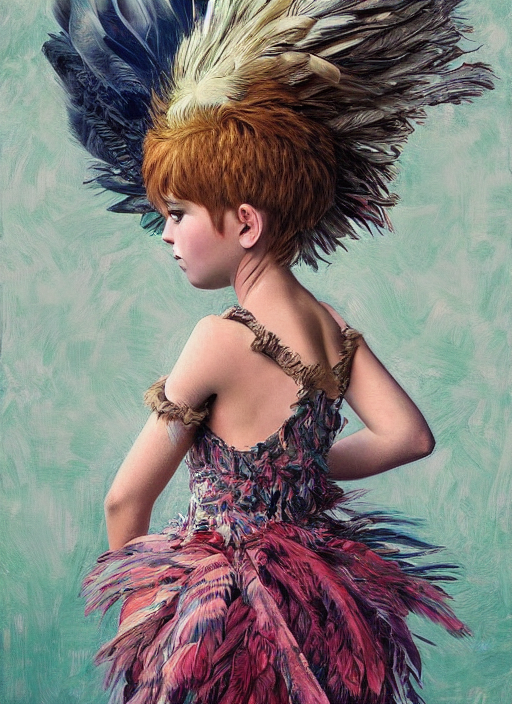 little girl with an eccentric haircut wearing an dress made of feathers, artwork made by ilya kuvshinov and donato giancola