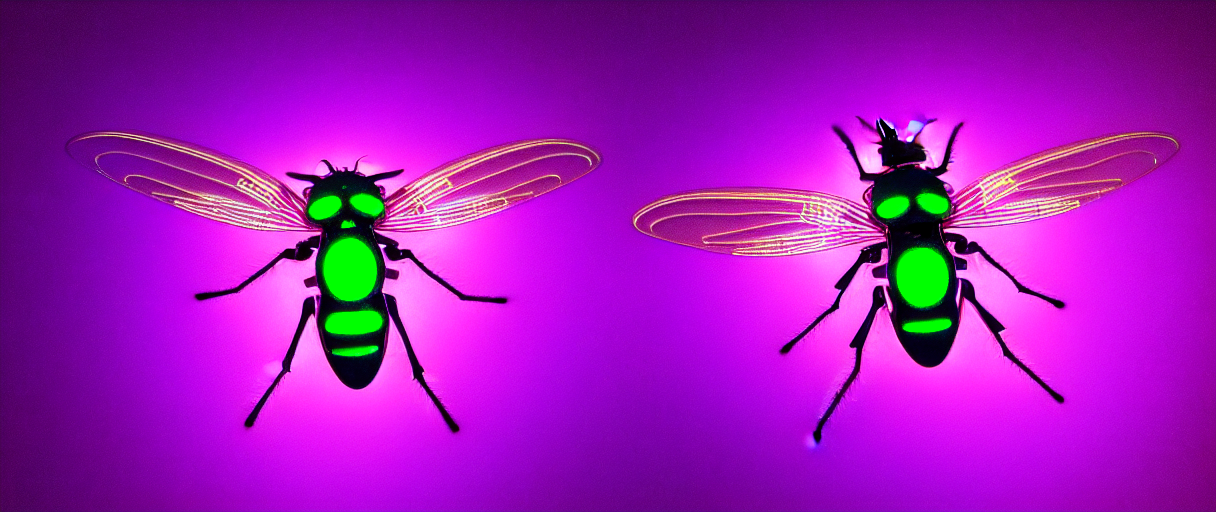high quality photo glowy iridescent cyborg fly! jeweled very beautiful! highly detailed digital art david ligare elson peter cinematic purple neon lighting high quality low angle hd 8k sharp shallow depth of field