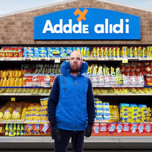 a man in front of an aldi supermarket, terrified, in a terrifying pose, photo realistic