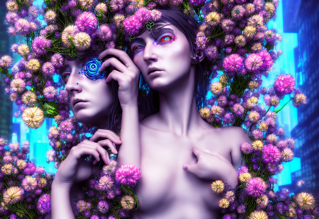 cyberpunk girl wrapped in flowers and wired in the style of henri moore giant, blue eyed, ultra detailed high resolution, deep colors, classicism mixed with hyperrealism, ultra detailed, high resolution, cinematic, detailed photo rendered in octane 3 d