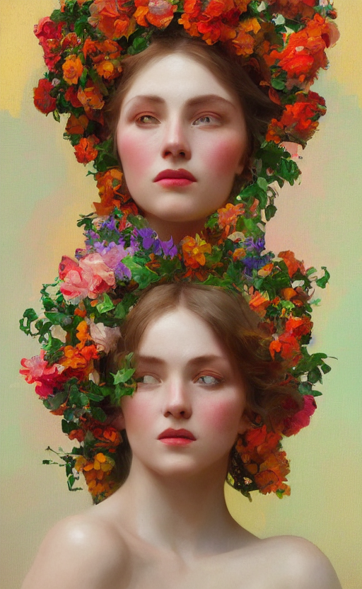 a bright vibrant oil painting of a beautiful woman on a white background, flowers, painted by mucha, floral headdress, 8 k resolution, octane render, trending on artstation, volumetric light