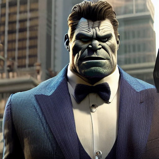 a promotional screenshot of Joe Fixit Grey Hulk wearing a pinstripe suit and fedora appearing in Avengers: Infinity War
